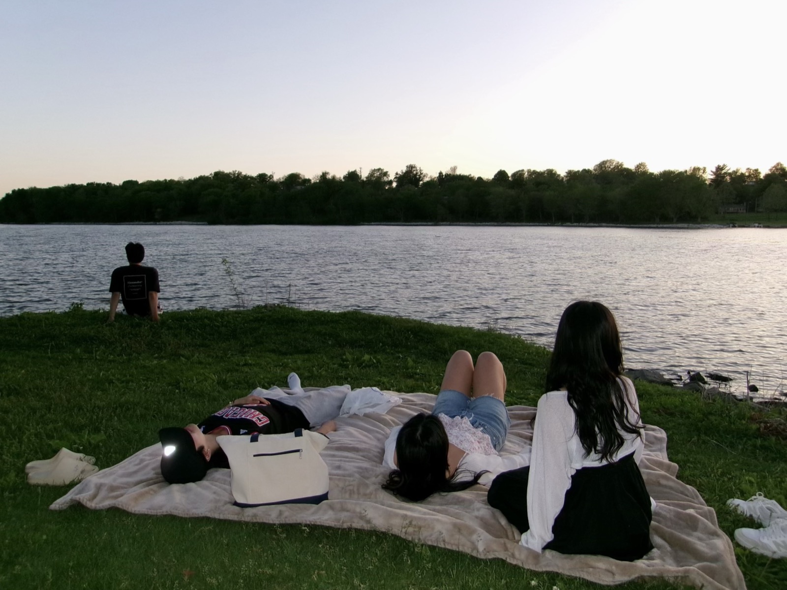 Joyce and friends lying on a picnic blanket and relaxing by the lake